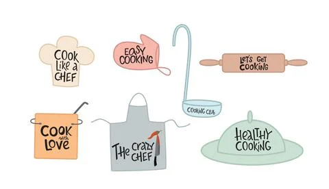 Cooking lettering sing set with kitchen tools. Vector stock illustration Stock Illustration