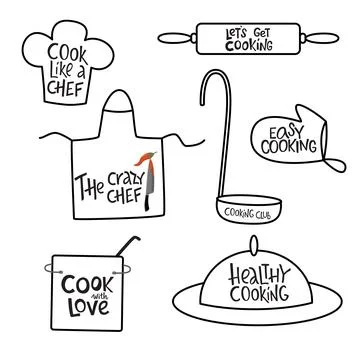 Cooking lettering sing set on kithenware, cookware. Handwriting quotes, vector Stock Illustration