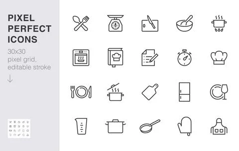 Cooking line icon set. Kitchen tools - pan, pot, dinner utensil, cookbook, chef Stock Illustration