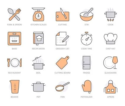 Cooking line icon set. Kitchen tools - pan, pot, dinner utensil, cookbook, chef Illustrazione stock