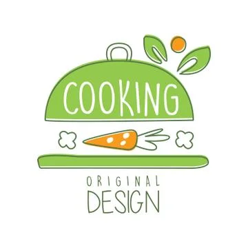 Cooking logo original design with cookware and carrot. Creative line label for Stock Illustration