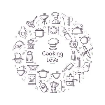Cooking with love circular Background from line style flat icons on the theme of Stock Illustration