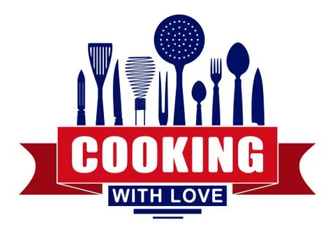 Cooking with love vector design for your logo or emblem with red banner and s Stock Illustration