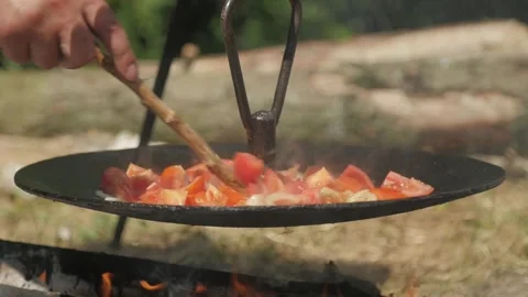 Cooking lunch on a campfire during a hike Video stock 144682181
