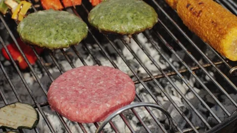 Cooking many various of vegetables on grill close-up. Making vegan, vegetarian Stock Footage 266753217