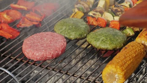 Cooking many various of vegetables on grill close-up. Making vegan, vegetarian Stock Footage 266819395