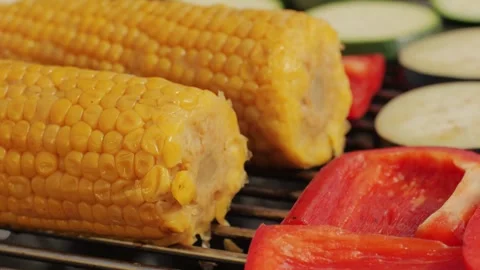 Cooking many various of vegetables on grill close-up. Making garnish for kebab Stock Footage 270019868