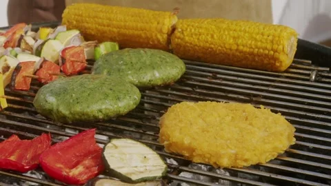 Cooking many various of vegetables on grill close-up. Making vegan, vegetarian Stock Footage 270539967