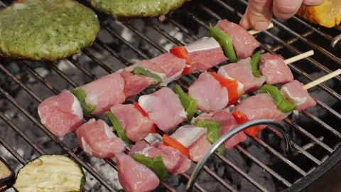 Cooking many various of vegetables on grill close-up. Making vegan, vegetarian Stock Footage 270545618