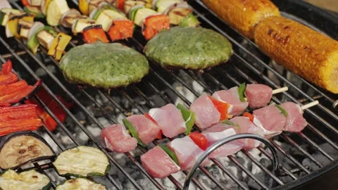 Cooking many various of vegetables on grill close-up. Making vegan, vegetarian Stock Footage 281022471