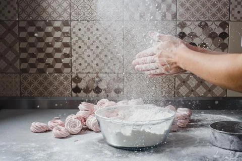 Cooking marshmallows in a professional kitchen Stock Photos