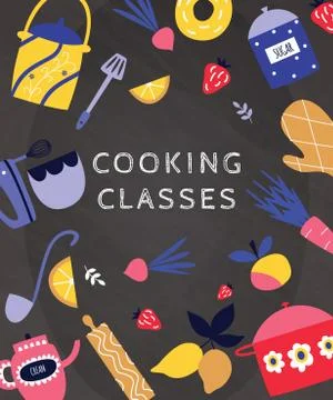 Cooking master class and art of culinary flat color banner vector illustration. Stock Illustration