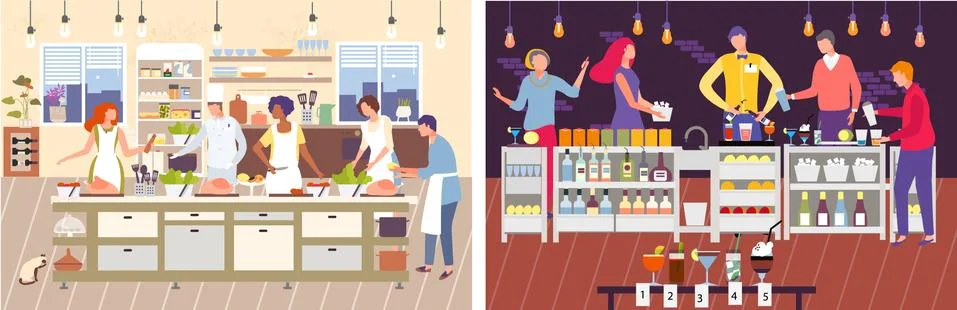 Cooking master class vector illustration. Cartoon man woman character cook food Illustrazione stock