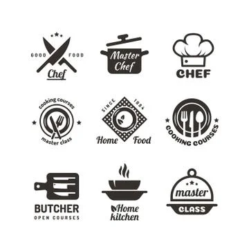 Cooking master classes labels. Restaurant or cafe menu emblems. Chef vector logo Illustrazione stock