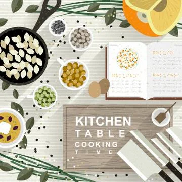Cooking materials on kitchen table in flat design Stock Illustration