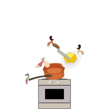 Cooking meal in kitchen by tiny female. Stock Illustration