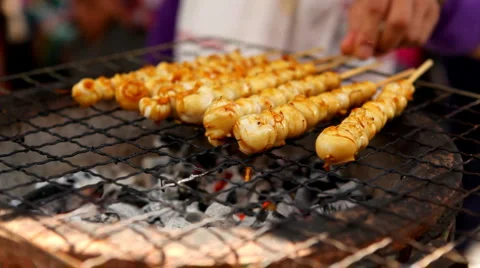 Cooking Meat Ball, Thai Food, Colourful Street Food Life in Bangkok, Thailand Stock Footage