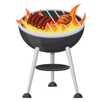 Cooking meat on bones and chicken on a flaming grill. Vector illustration on  Stock Illustration