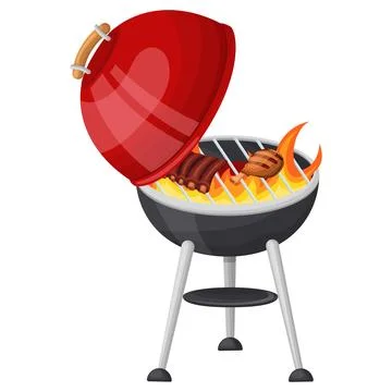 Cooking meat on bones and chicken on a flaming grill with an open lid. Vector Stock Illustration