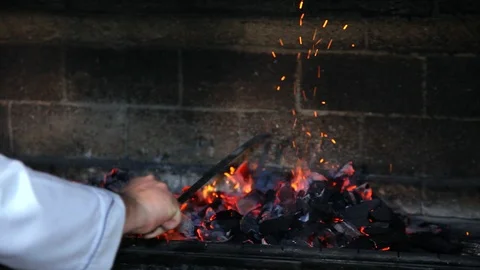 Cooking meat on the coals. Roasted meat on the fire. Cooking lamb on charcoal. Stock Footage 102171659