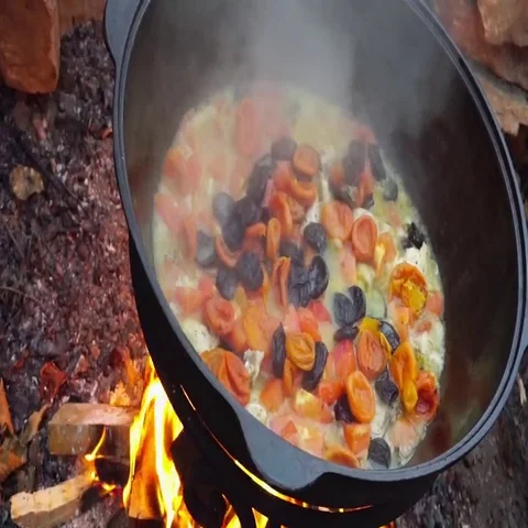 Cooking meat on a fire in cast-iron cauldron Stock-Footage 69593191