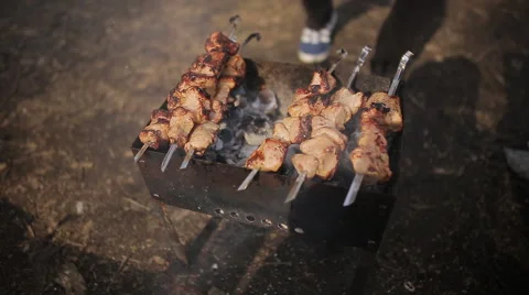 Cooking meat on the grill at campsite Stock Footage 49976432