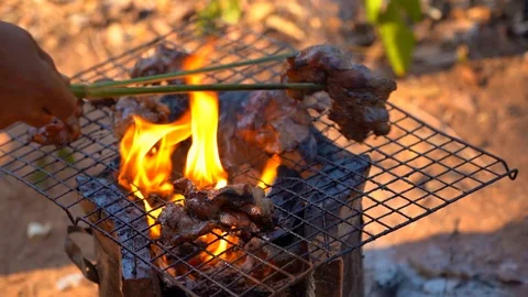 Cooking by meat grilled on fire flame in stove in camping on hills Stock Footage 116270996