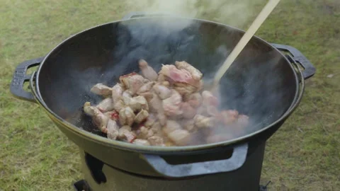 Cooking meat in a large kazan over open flame at a backyard gathering during Stock Footage 333332467