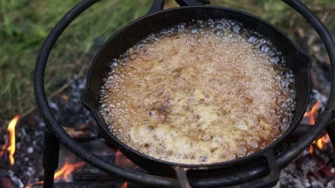 Cooking Meat Over a Campfire in Cast Iron Pan Video stock 280118707