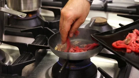 Cooking meat in a pan Stock Footage 106607154