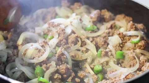 Cooking minced meat with vegetables Stock Footage 142163579