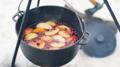 Cooking mulled wine on the bonfire in the winter forest. Vídeos de archivo 100115508