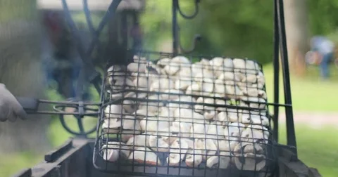 Cooking mushrooms outdoors with grilling and fire outside. Man grilling Stock Footage