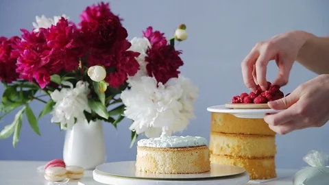Cooking myltilayered cake, adding raspberries in the cream filling, Video stock 105448051