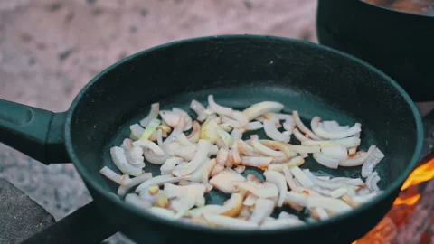 Cooking Onions on Campfire Stock Footage 284846940