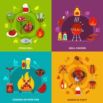 Cooking On Open Fire Steak Grill And Grill chiken On Barbecue Party Illustrazione stock