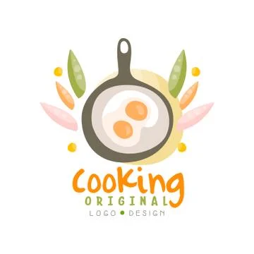 Cooking original logo design, kitchen emblem with frying pan and egg can be used Stock Illustration