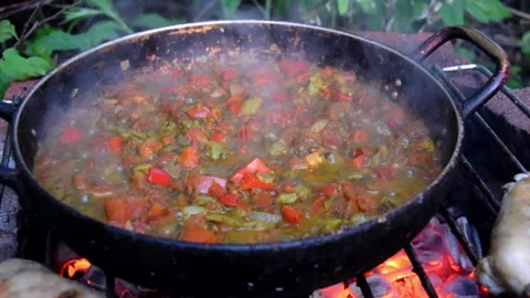 Cooking over a fire in nature Stock Footage 159065295