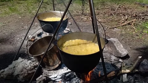 Cooking over an open fire at campsite in forest. Stock Footage 302672224