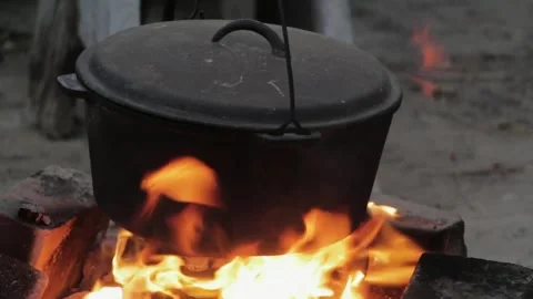 Cooking over an open fire in a rustic outdoor setting Video stock 320198791