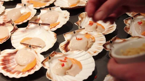 Cooking Pack Four - Fish being prepared, scallops &amp; deep frying Stock Footage 34498145