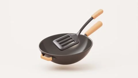 Cooking pan and spatula rotating on white background loop ready stock foota.. Stock Footage 332389722