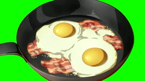 Cooking pan with bacon and egg food animated in cartoon style with green backgro Vidéo 265149329