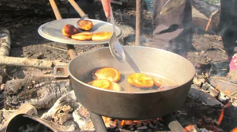 Cooking pancake on the fire Stock Footage 37068994