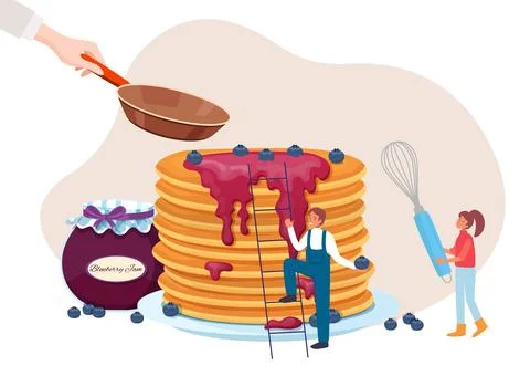 Cooking pancake at kitchen, vector illustration, flat tiny man woman character Stock Illustration