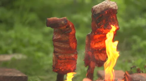 Cooking pieces of fish on an open fire Stock Footage 55290845