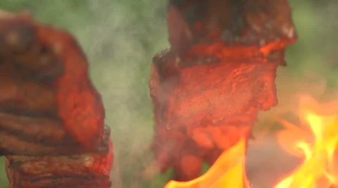 Cooking pieces of fish on an open fire close up Stock Footage 55300435