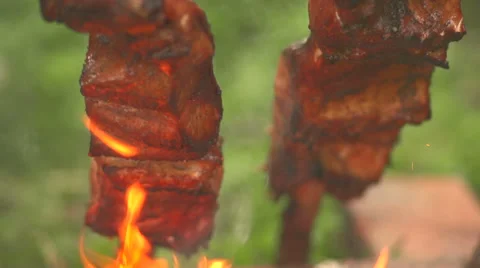Cooking pieces of fish on an open fire front view close up Stock Footage 55315421