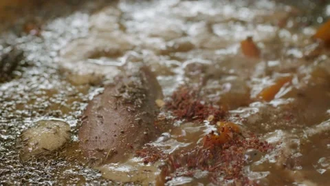 Cooking pilaf in a cauldron. Close-up Stock Footage 153392698