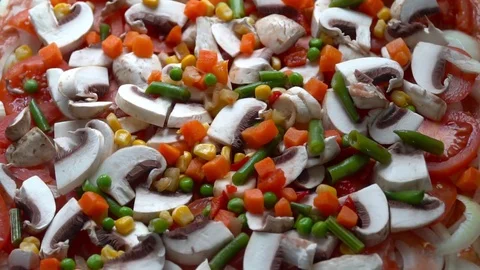 Cooking pizza. Adding vegetables. Stock Footage 84099411